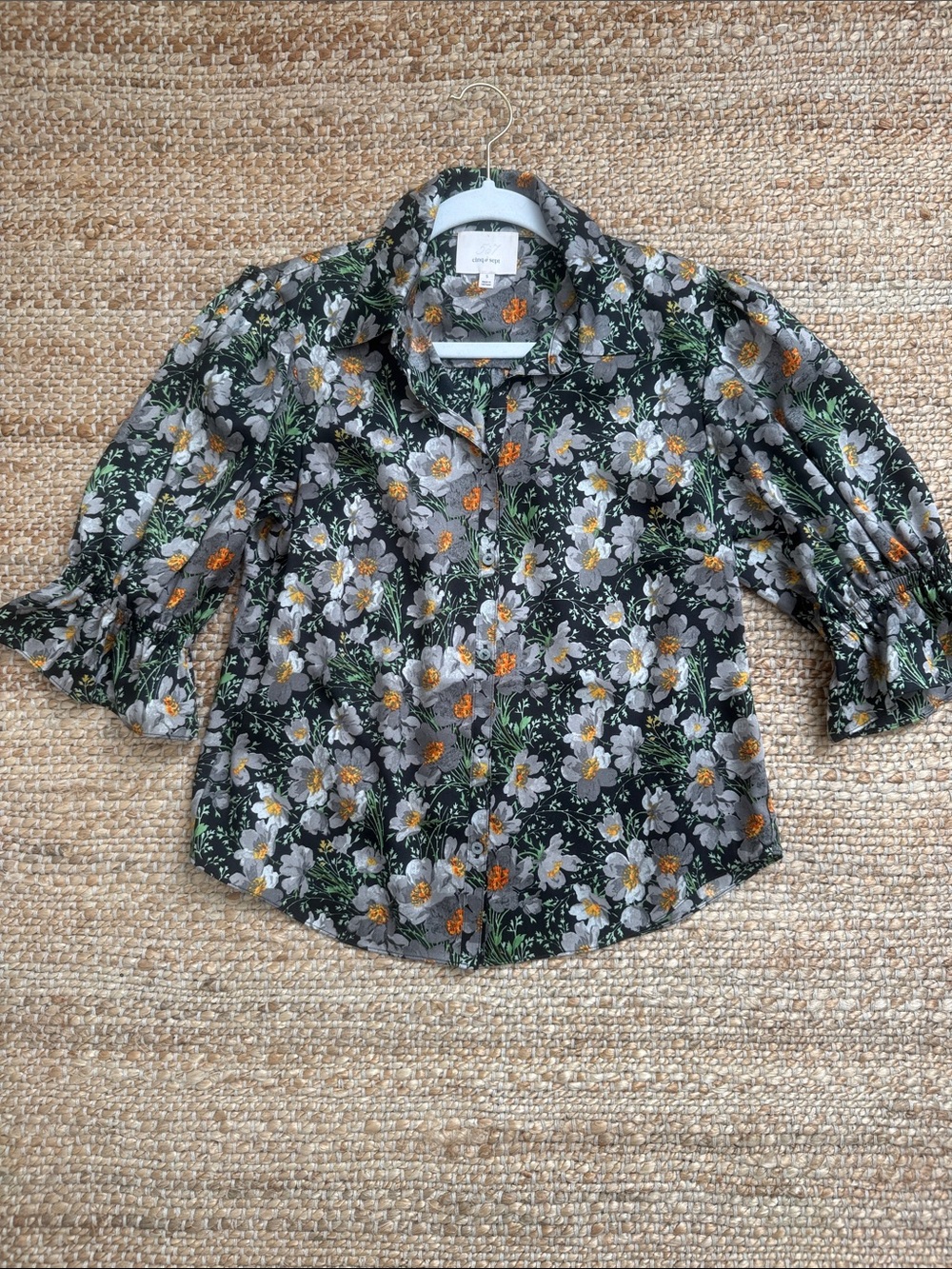 cinq a sept Kids Floral Button-Down Top in Black, Gray & Orange